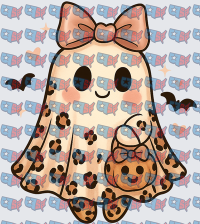 Cute Leopard Print Ghost Girl With Bow And Pumpkin Bag (DTF)