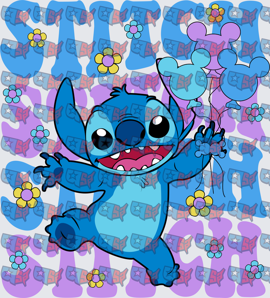 Happy Blue Alien With Mickey Balloons And Flowers (DTF)