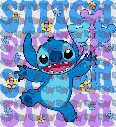 Happy Blue Alien With Mickey Balloons And Flowers (DTF)