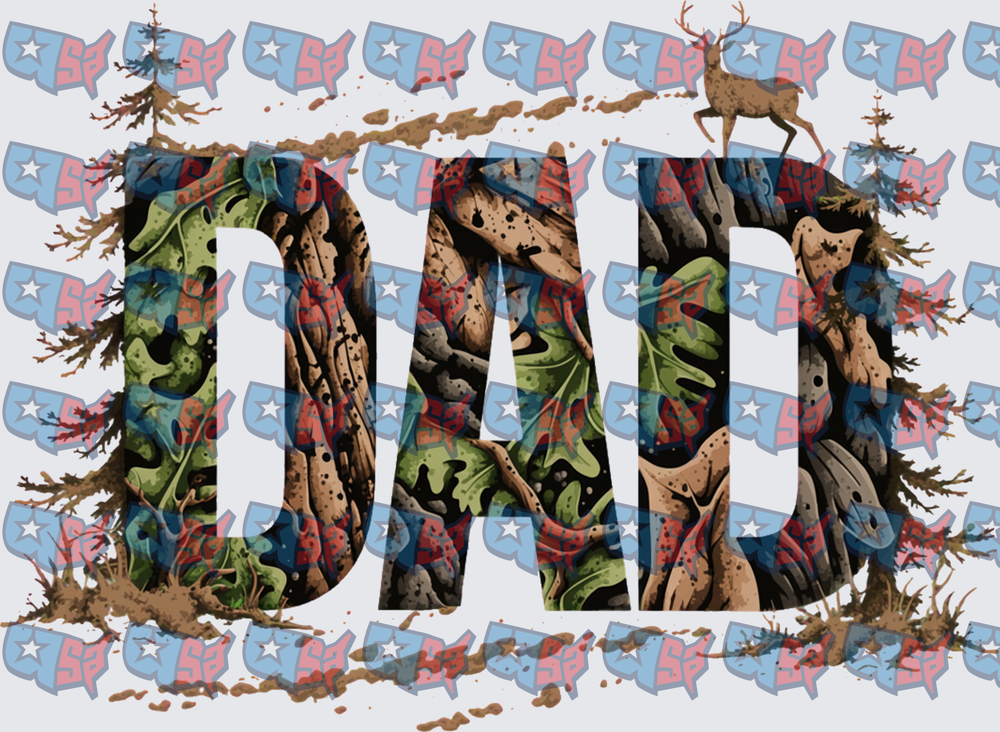 DAD Camo Letters Deer Buck Pine Trees Nature (DTF)