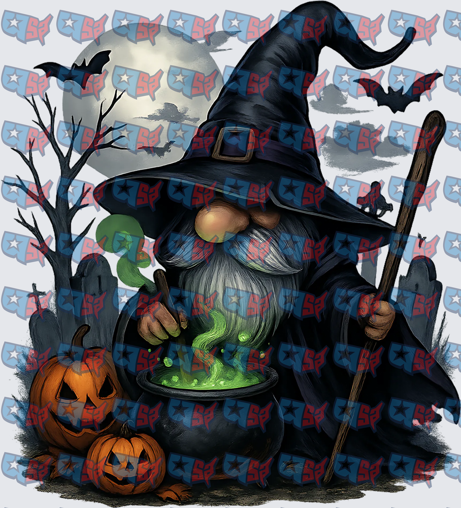 Halloween Gnome Wizard Stirring Glowing Cauldron (DTF)