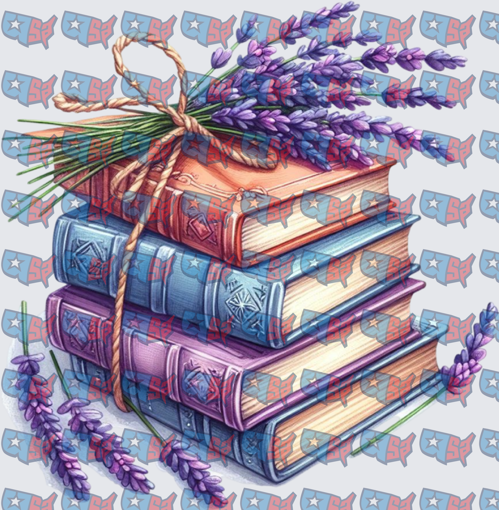 Stacked Books Tied With Lavender Bouquet (DTF)