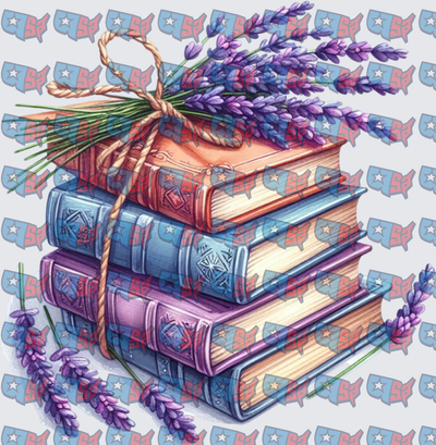 Stacked Books Tied With Lavender Bouquet (DTF)
