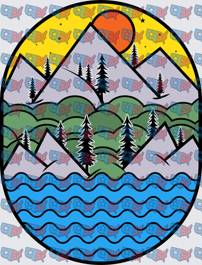 Mountain Lake Sunset Oval Nature Scene (DTF)