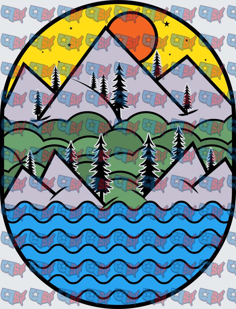 Mountain Lake Sunset Oval Nature Scene (DTF)