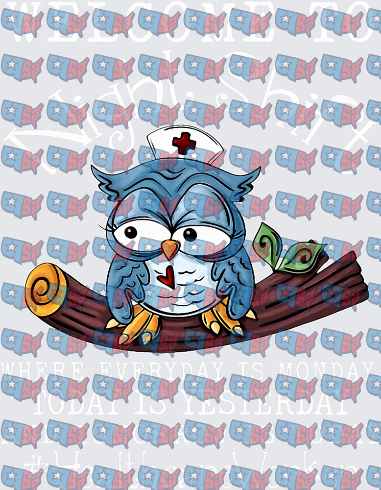 Cute Blue Nurse Owl Perched on Branch (DTF)
