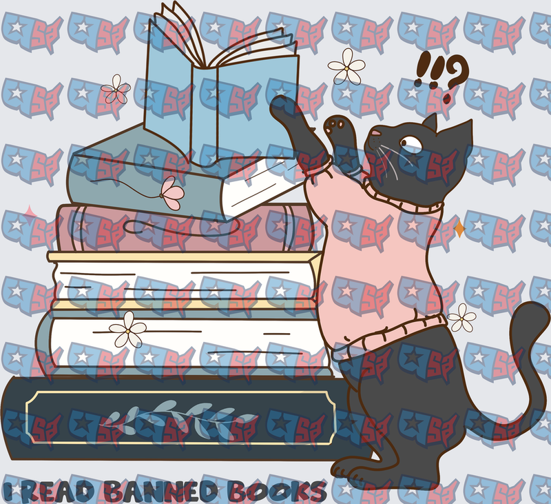 Curious Cat Reading Stack of Banned Books (DTF)