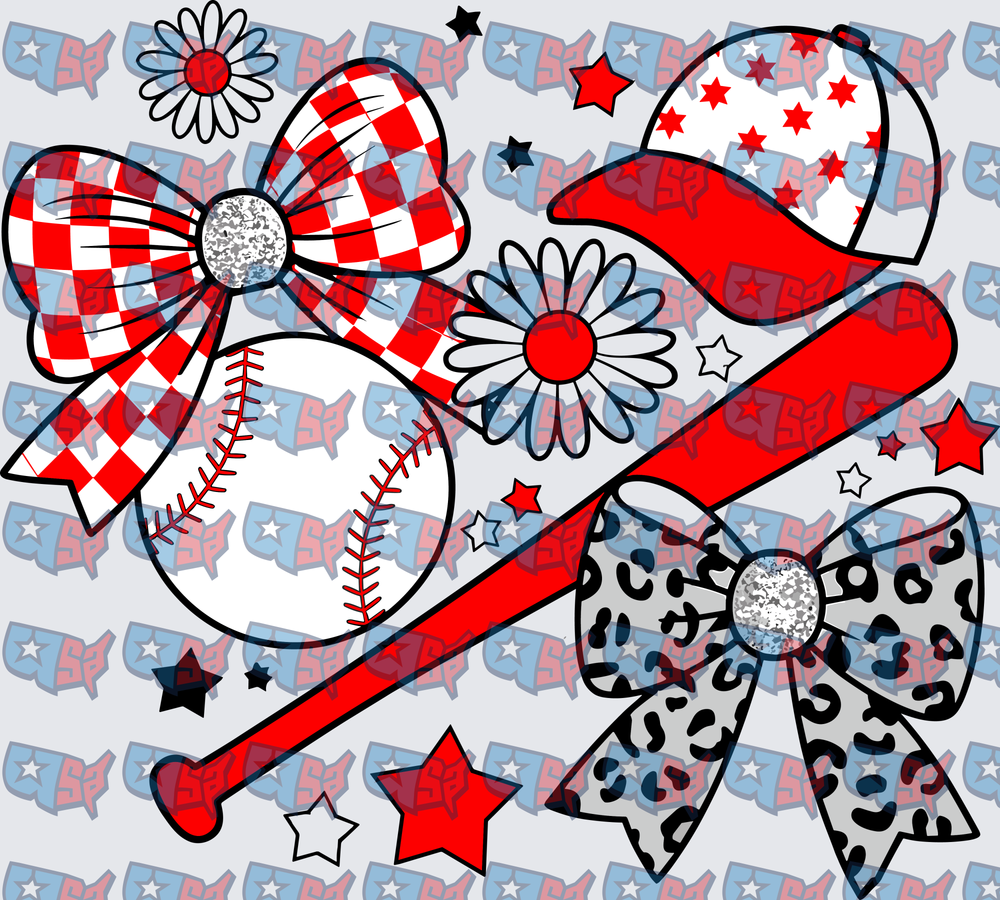 Red Checkered Bow Baseball Bat Cap Stars Design (DTF)