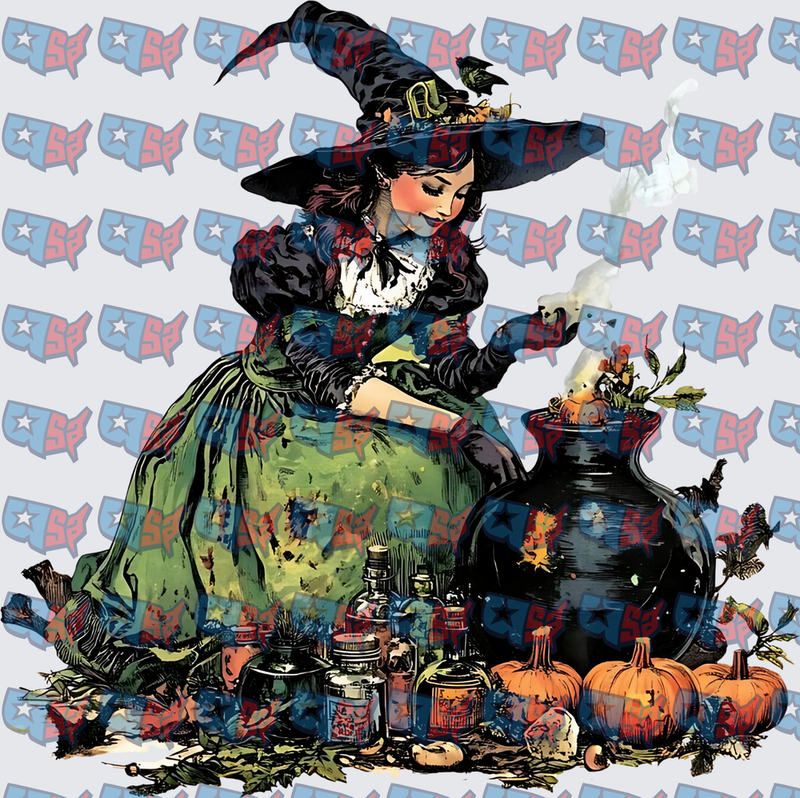 Vintage Witch Brewing Cauldron With Pumpkins (DTF)