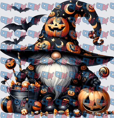 Halloween Gnome Witch with Jack-o-Lantern Hat and Candy (DTF)