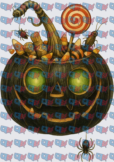 Dark Jack-O-Lantern Overflowing With Creepy Halloween Candy (DTF)