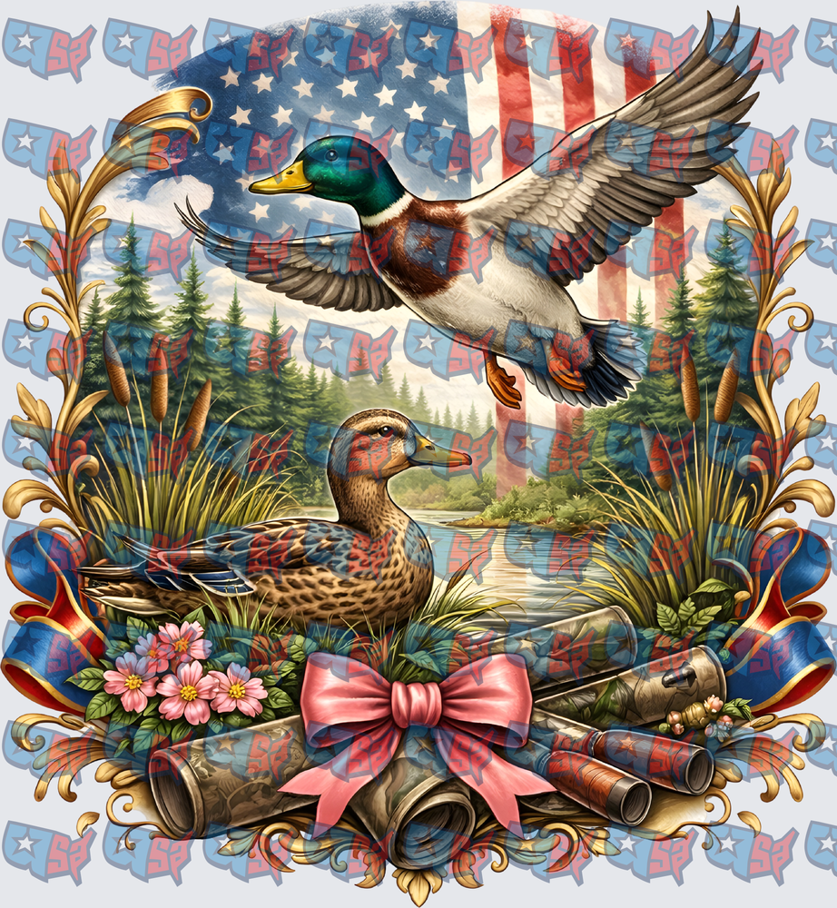Patriotic Mallard Duck Pair Wetland Scene Pink Bow (DTF)