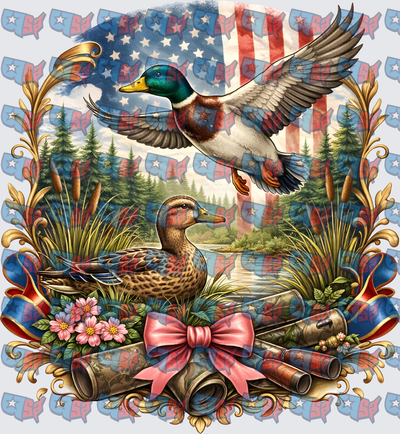 Patriotic Mallard Duck Pair Wetland Scene Pink Bow (DTF)