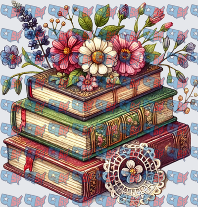 Vintage Stacked Books With Wildflowers And Lace (DTF)