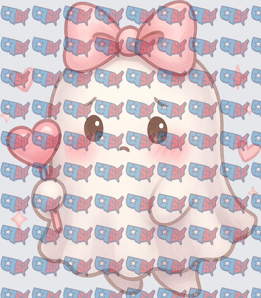 Cute Kawaii Ghost Girl With Pink Bow And Heart Lollipop (DTF)