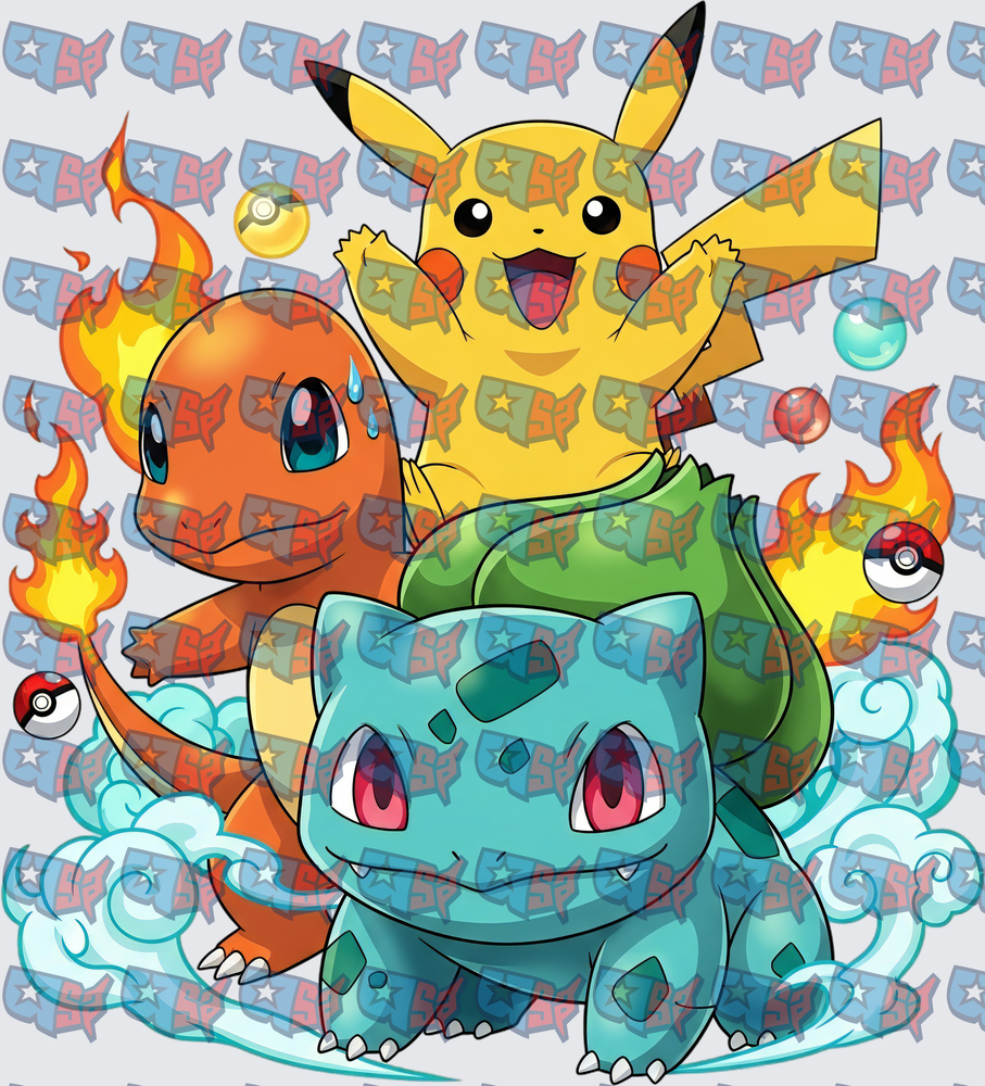 Pikachu Charmander Bulbasaur Trio with Fire and Flames (DTF)