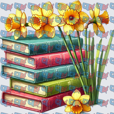 Stacked Books With Yellow Daffodil Flowers (DTF)