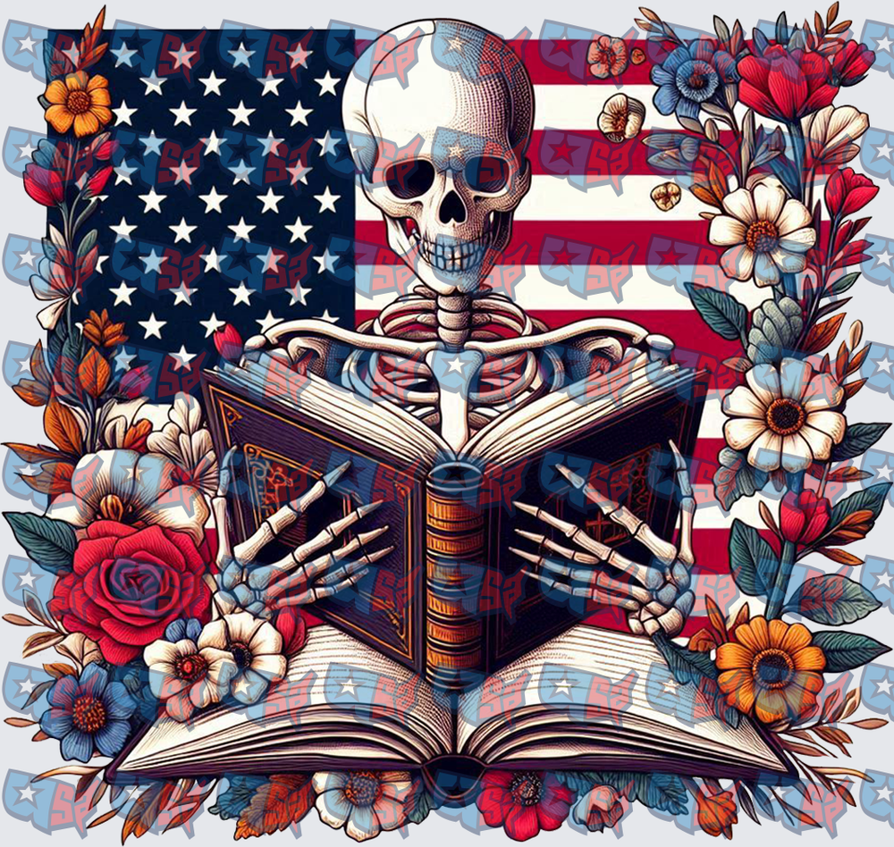 Patriotic Skeleton Reading Book Floral American Flag (DTF)