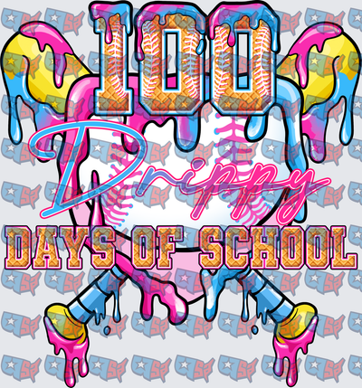 100 Drippy Days Of School Softball Melting Neon Design (DTF)