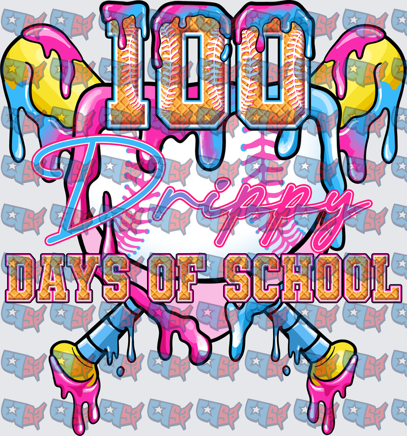 100 Drippy Days Of School Softball Melting Neon Design (DTF)