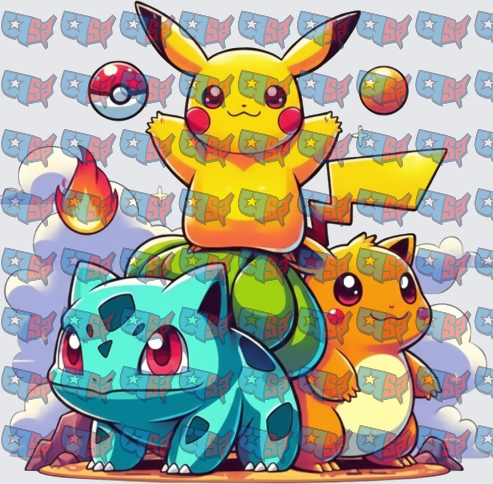 Pikachu Bulbasaur Eevee Trio with Pokeball Stack (DTF)