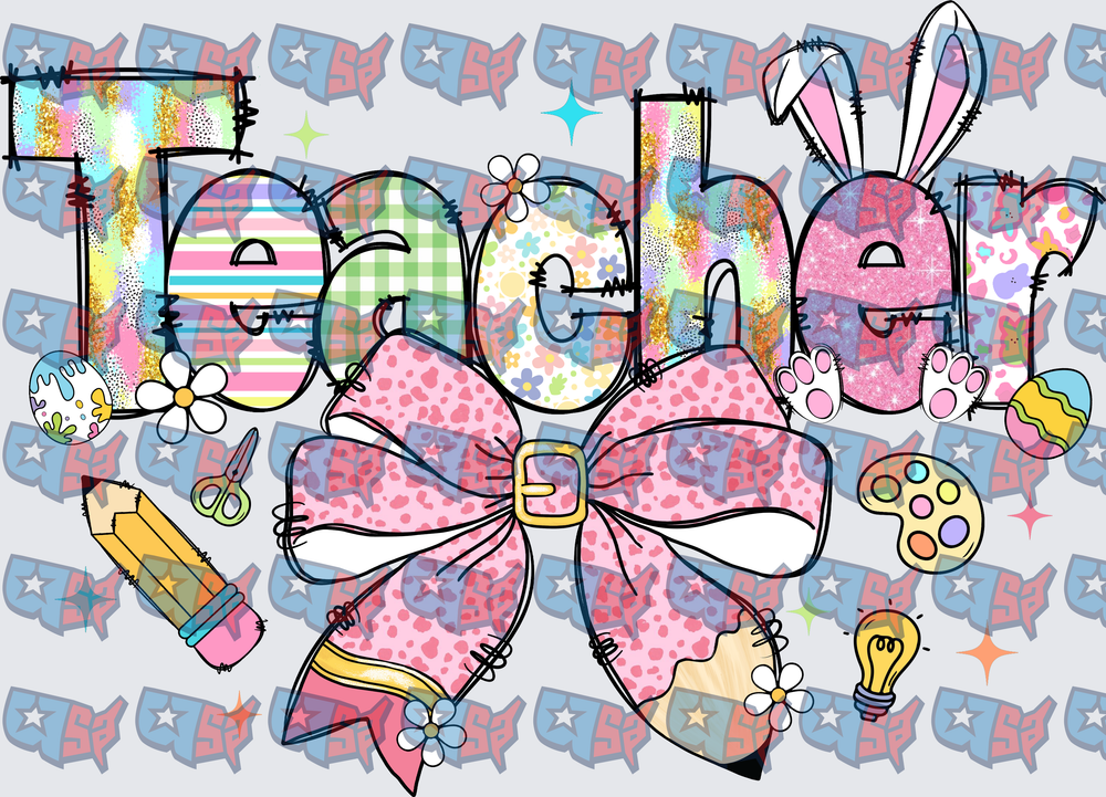 Easter Teacher Bunny Bow Doodle Letters (DTF)