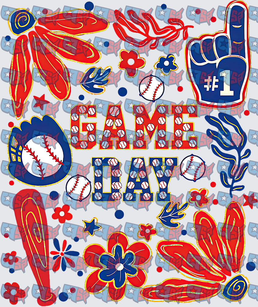 Game Day Baseball Red Blue Floral Collage (DTF)