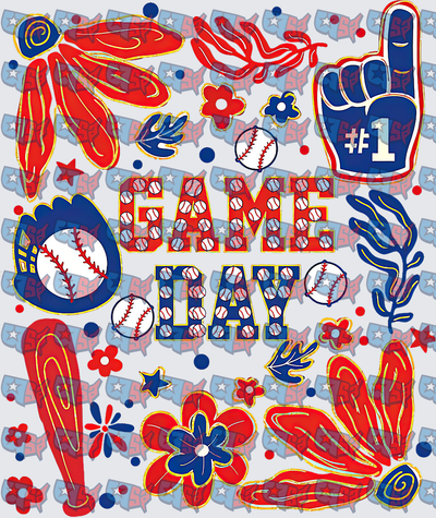 Game Day Baseball Red Blue Floral Collage (DTF)