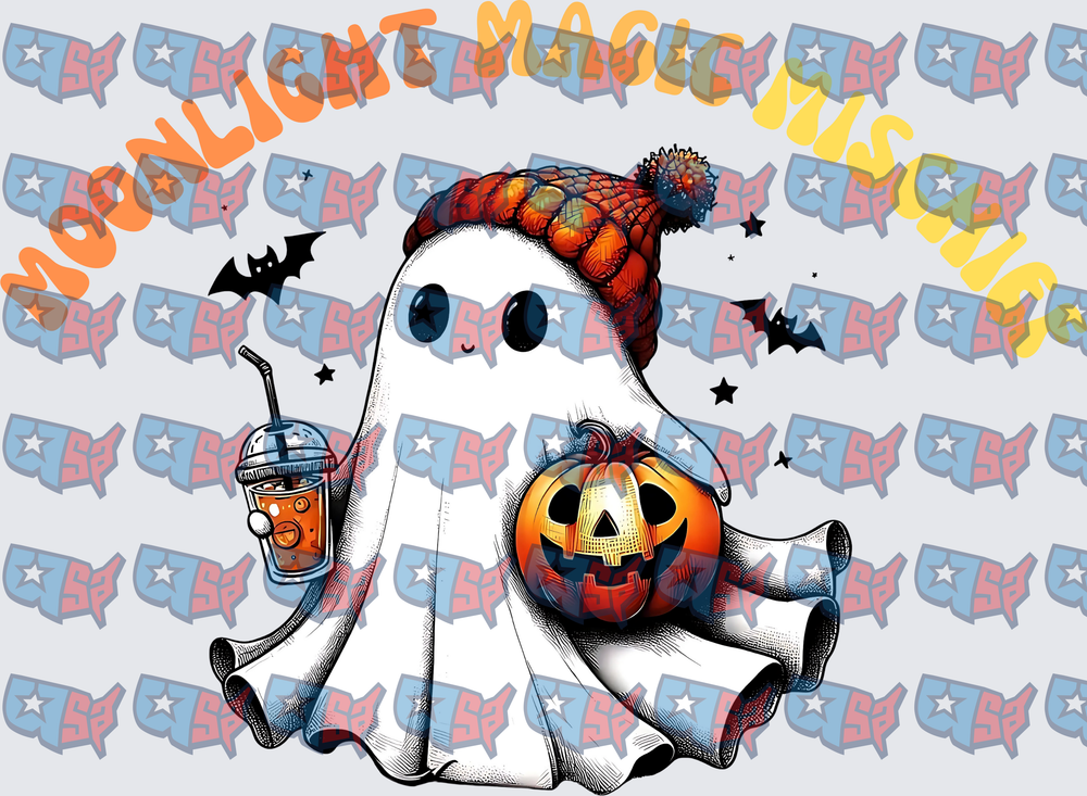 Cozy Ghost With Pumpkin Iced Coffee And Bats (DTF)