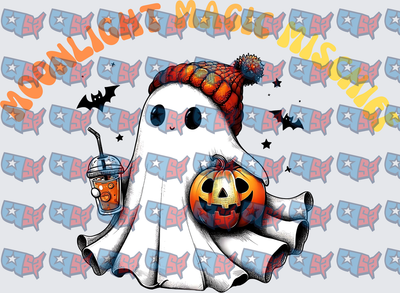 Cozy Ghost With Pumpkin Iced Coffee And Bats (DTF)