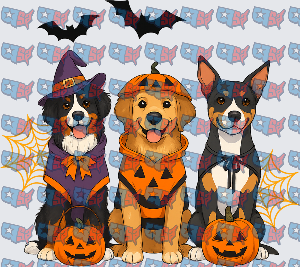 Three Dogs in Halloween Costumes with Jack-o-Lanterns (DTF)