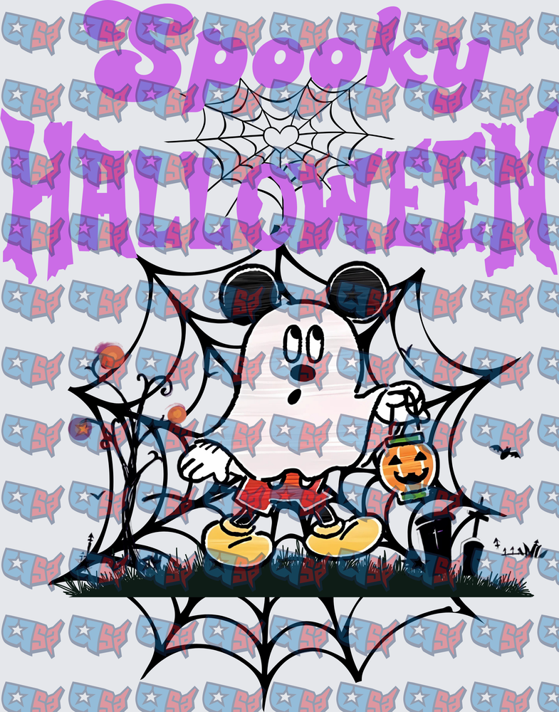 Spooky Halloween Ghost Mouse Spider Web Scene (DTF)