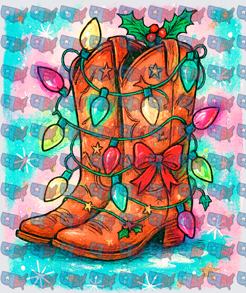 Christmas Cowboy Boots With Lights And Holly (DTF)