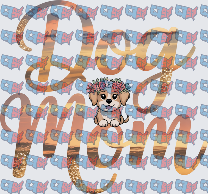Dog Mom Sunset Script with Floral Puppy (DTF)