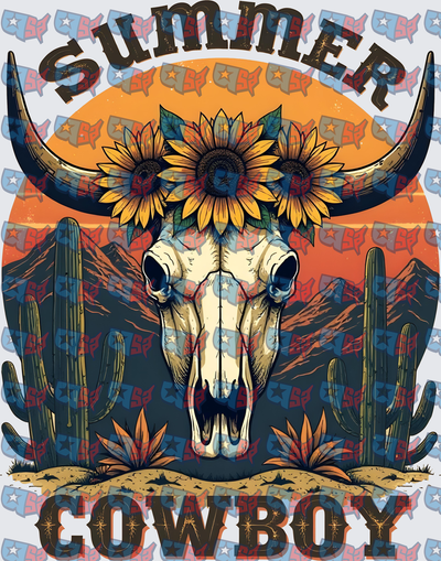 Summer Cowboy Bull Skull Sunflowers Desert Scene (DTF)