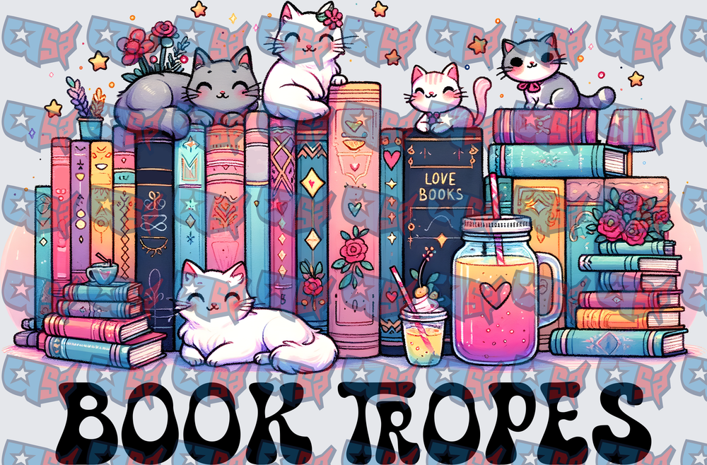 Book Tropes Cute Cats Colorful Book Stack (DTF)