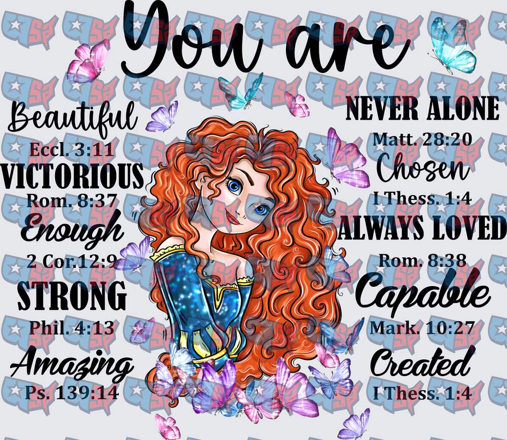 Brave Curly Red Hair Princess Christian Bible Verse Butterflies (DTF)