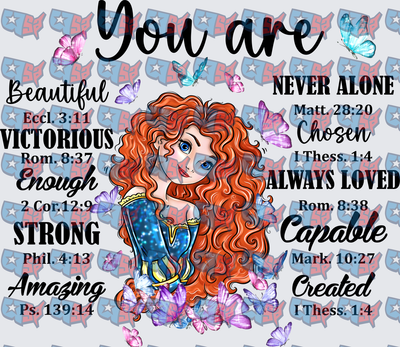 Brave Curly Red Hair Princess Christian Bible Verse Butterflies (DTF)