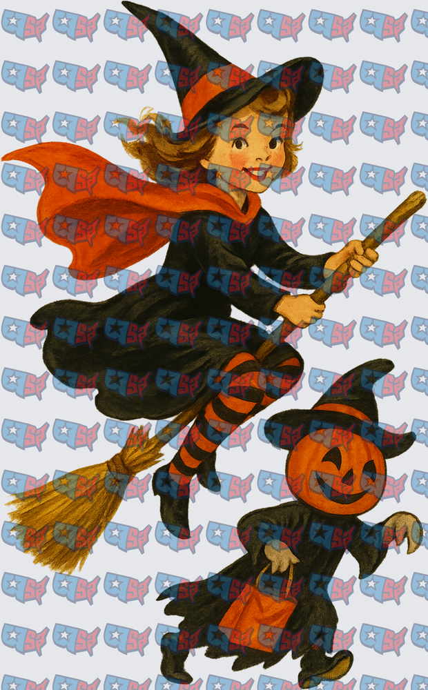 Vintage Halloween Witch Girl Flying Broomstick Pumpkin (DTF)