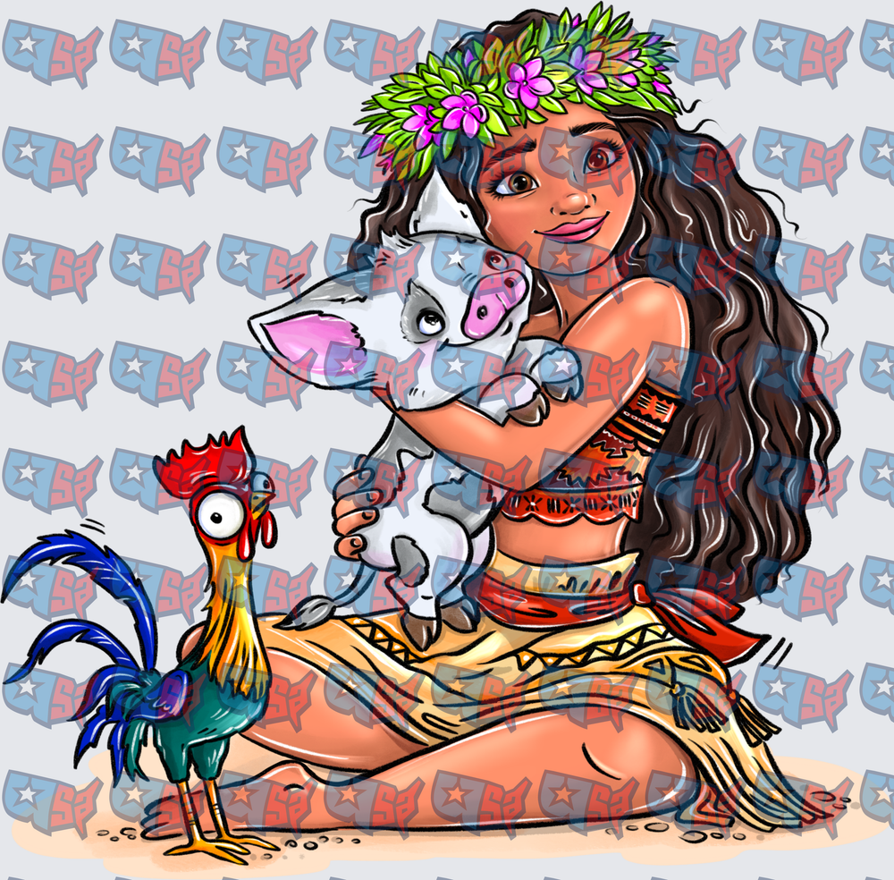 Polynesian Princess with Baby Pig and Rooster (DTF)