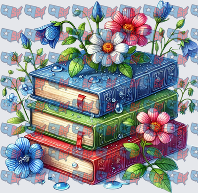 Stacked Books With Colorful Wildflowers And Dewdrops (DTF)