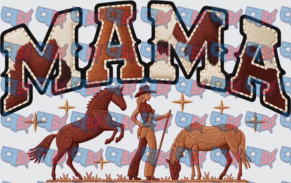 Mama Cowgirl With Horses Embroidery Style Design (DTF)