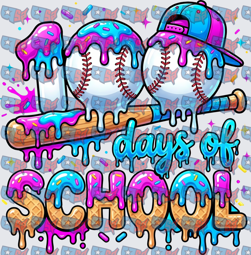 100 Days Of School Baseball Dripping Ice Cream (DTF)