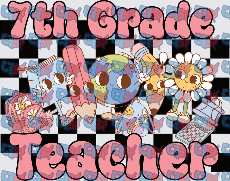 7th Grade Teacher Retro Checkered Kawaii School Characters (DTF)