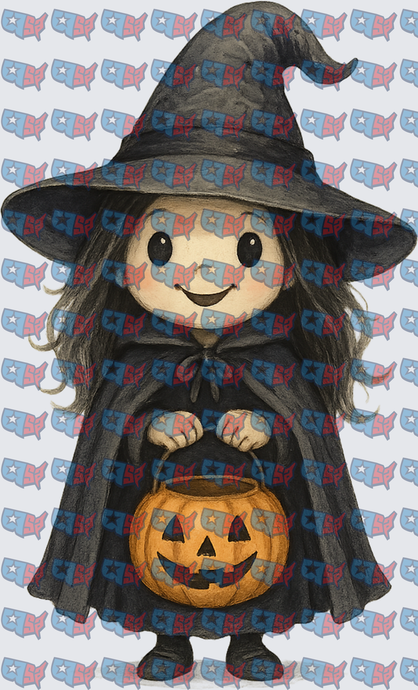 Cute Little Witch Girl Holding Jack-O-Lantern (DTF)