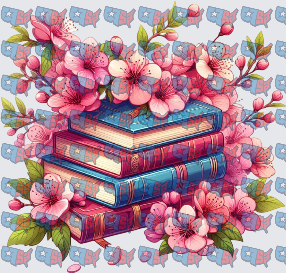 Stacked Books with Pink Cherry Blossom Florals (DTF)