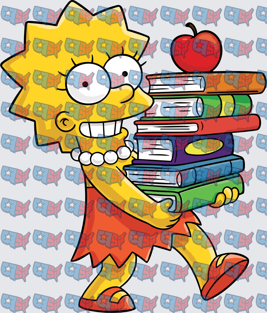 Yellow Cartoon Girl Carrying Stack of Books Apple (DTF)