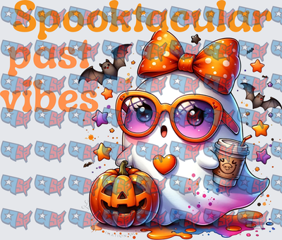 Spooktacular Posi Vibes Cute Ghost with Bow and Pumpkin (DTF)