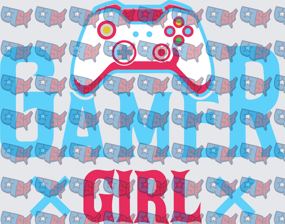 Gamer Girl Gaming Controller Blue Pink Bold Text (DTF)