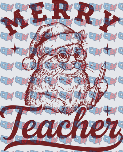 Merry Teacher Santa Cat With Glasses And Pencil (DTF)